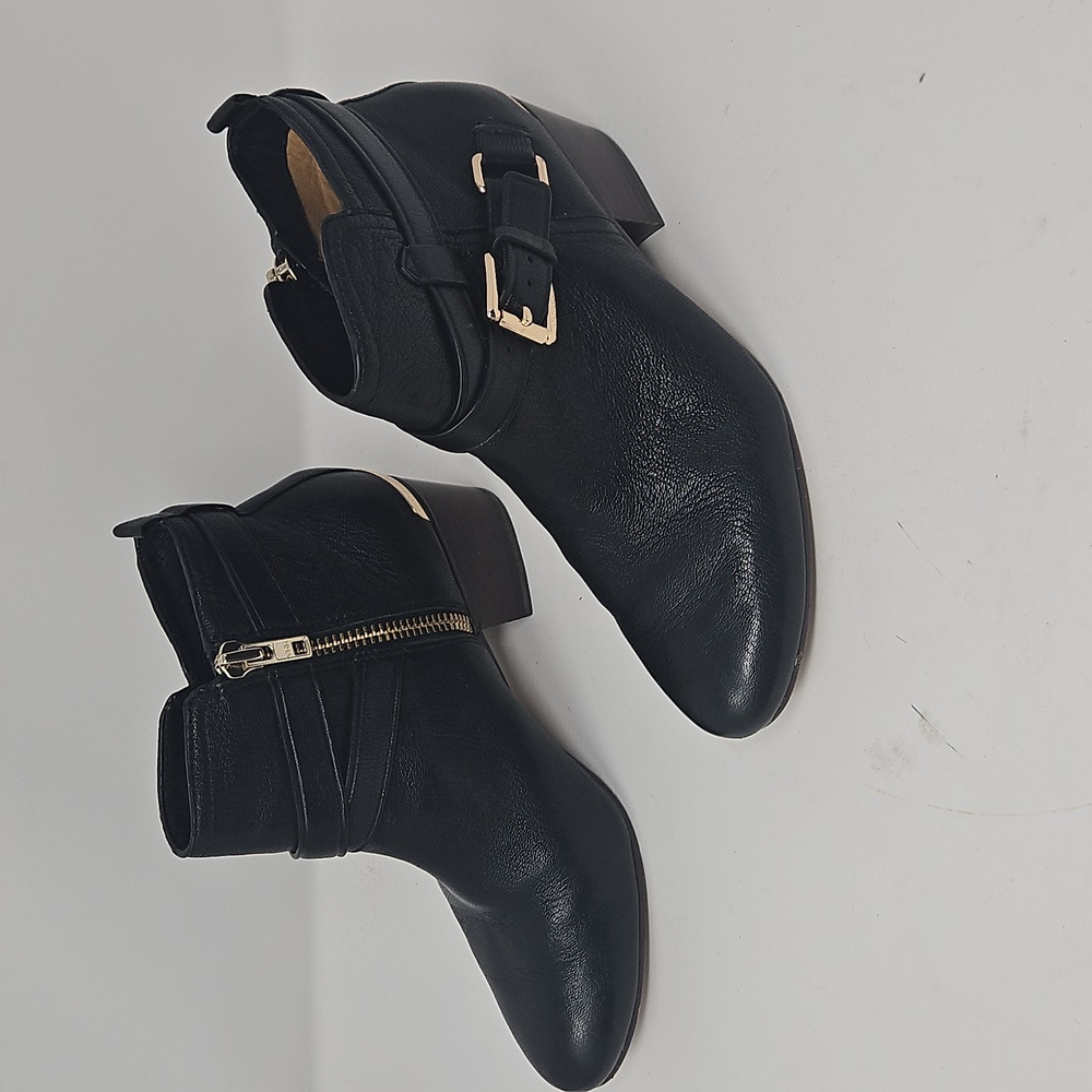 COACH Black Leather Pauline Ankle Boots Sz6.5 Zip Side Buckle Strap Gold 2" Heel - Picture 3 of 5